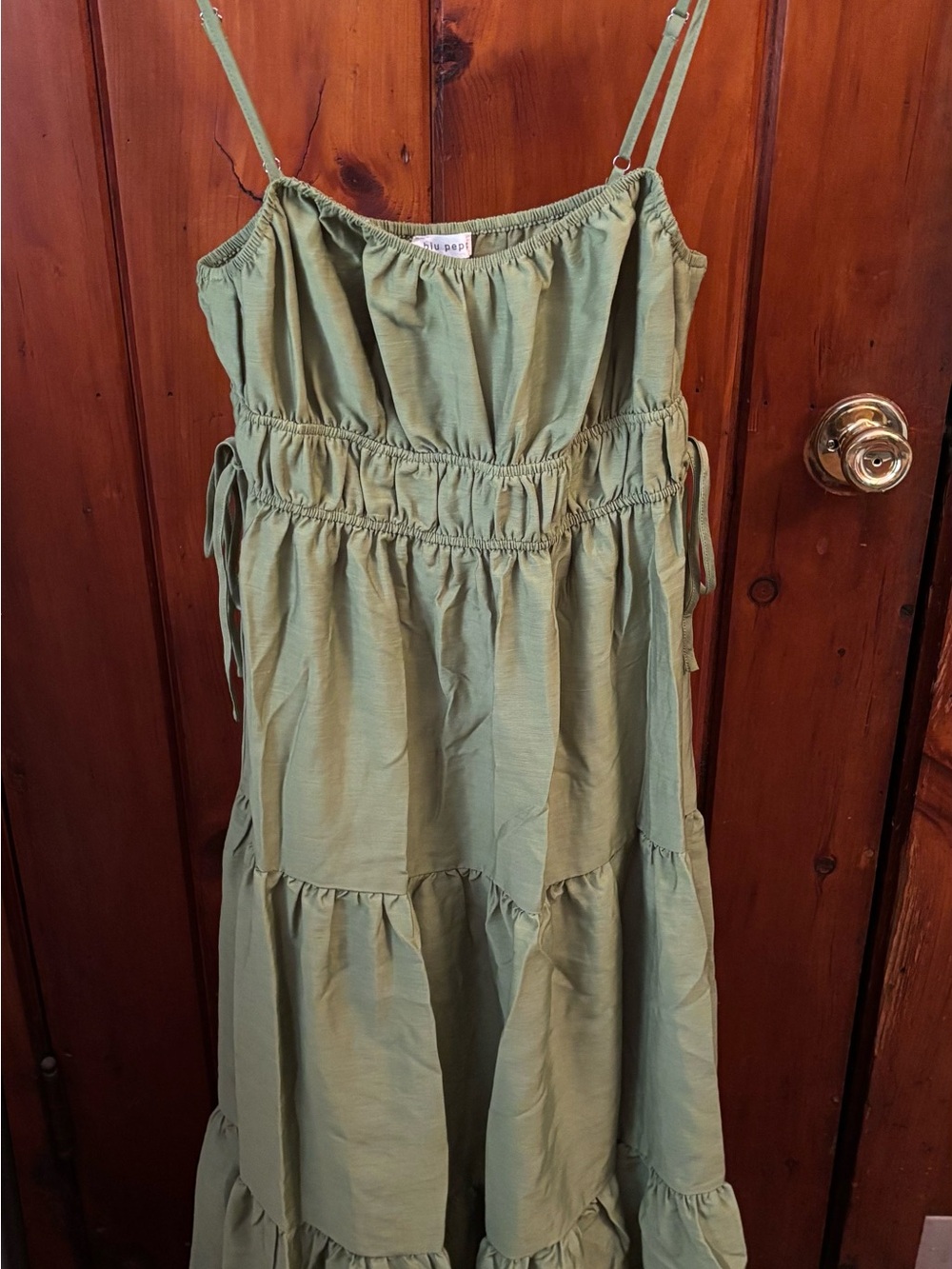 Blu Pepper Olive Green Tiered Maxi Dress with Spaghetti Straps